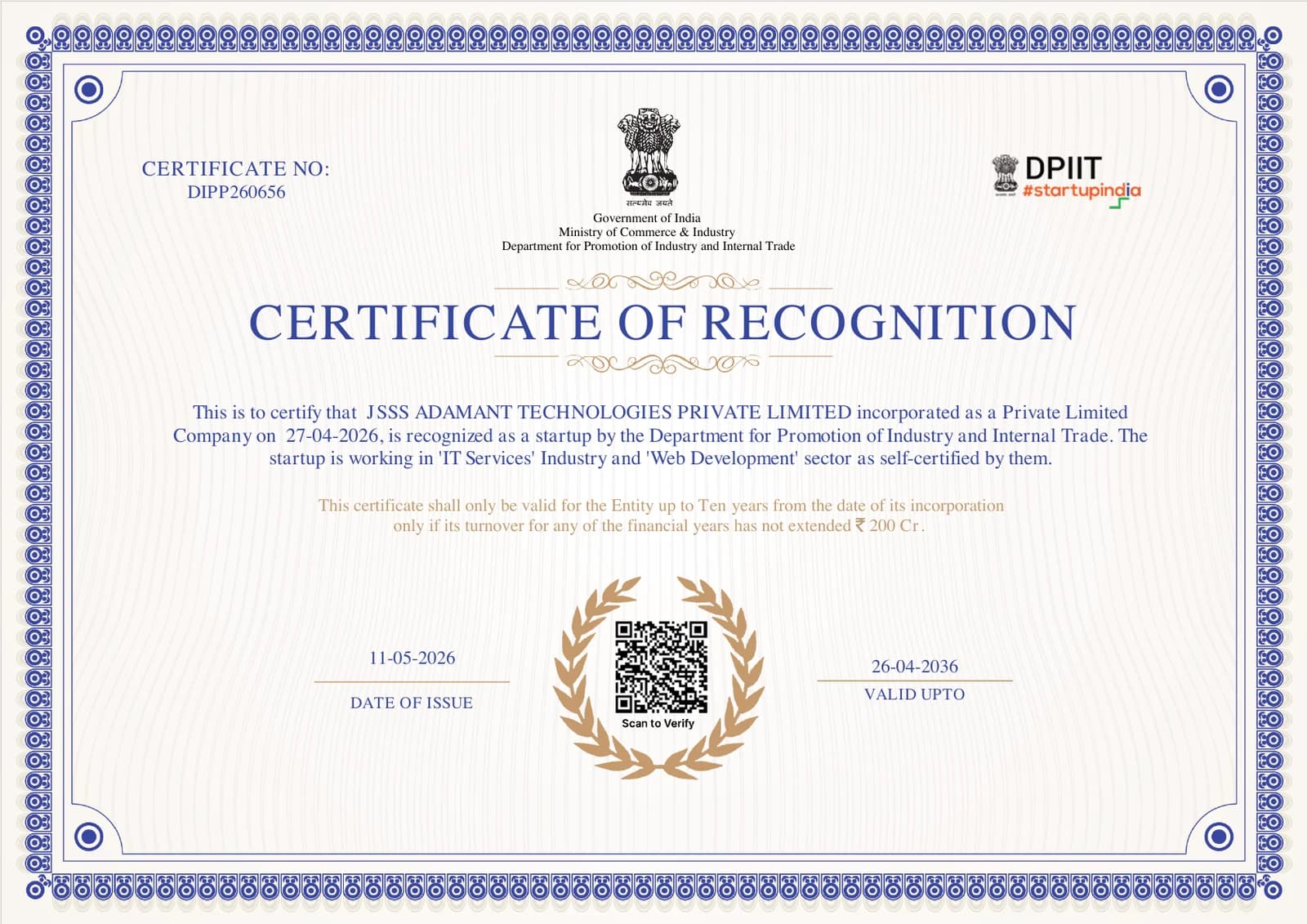 Government of India DPIIT Certificate of Recognition for JSSS Adamant Technologies Private Limited