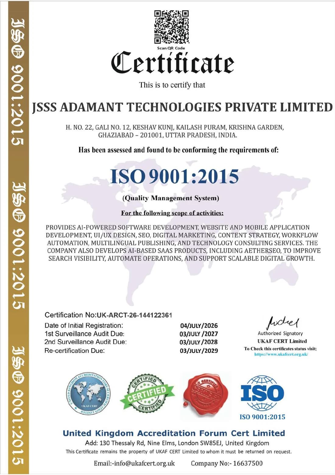 ISO 9001:2015 quality management system certificate for JSSS Adamant Technologies Private Limited
